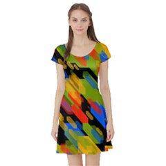 Colorful Shapes On A Black Background Short Sleeved Skater Dress by LalyLauraFLM