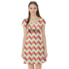 Mint Pink Modern Retro Chevron Patchwork Pattern Short Sleeve Skater Dress by GardenOfOphir