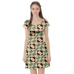 Brown Green Rectangles Pattern Short Sleeve Skater Dress by LalyLauraFLM