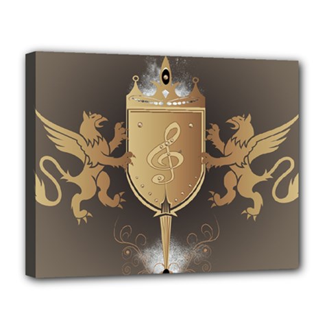 Music, Clef On A Shield With Liions And Water Splash Canvas 14  X 11  by FantasyWorld7