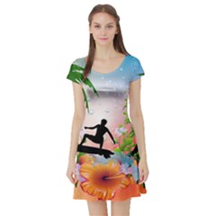 Tropical Design With Surfboarder Short Sleeve Skater Dresses by FantasyWorld7