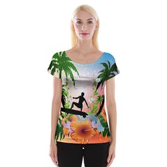 Tropical Design With Surfboarder Women s Cap Sleeve Top by FantasyWorld7