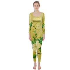 Wonderful Soft Yellow Flowers With Leaves Long Sleeve Catsuit by FantasyWorld7