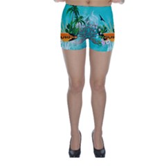 Surfboard With Palm And Flowers Skinny Shorts by FantasyWorld7