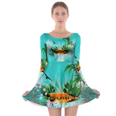 Surfboard With Palm And Flowers Long Sleeve Skater Dress by FantasyWorld7