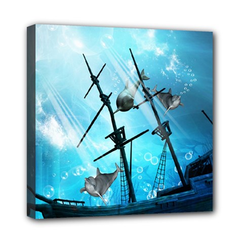 Underwater World With Shipwreck And Dolphin Mini Canvas 8  X 8  by FantasyWorld7