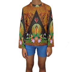 Surfing, Surfboard With Flowers And Floral Elements Kid s Long Sleeve Swimwear by FantasyWorld7