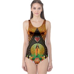 Surfing, Surfboard With Flowers And Floral Elements One Piece Swimsuit by FantasyWorld7