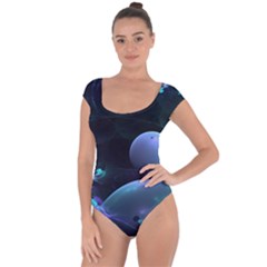 The Music Of My Goddess, Abstract Cyan Mystery Planet Short Sleeve Leotard (ladies) by DianeClancy