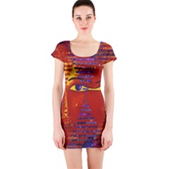 Conundrum Iii, Abstract Purple & Orange Goddess Short Sleeve Bodycon Dress by DianeClancy