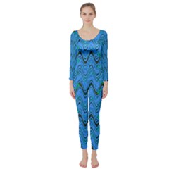 Blue Wavy Squiggles Long Sleeve Catsuit by BrightVibesDesign