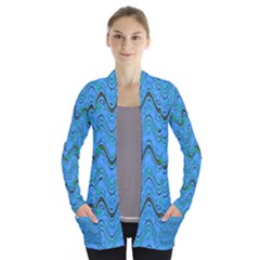 Blue Wavy Squiggles Women s Open Front Pockets Cardigan(p194) by BrightVibesDesign