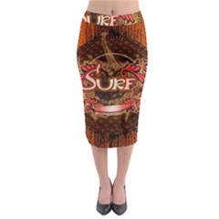 Surfing, Surfboard With Floral Elements  And Grunge In Red, Black Colors Midi Pencil Skirt by FantasyWorld7