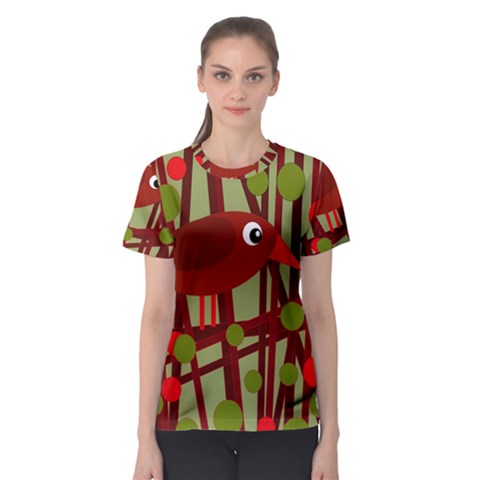 Red Cute Bird Women s Sport Mesh Tee by Valentinaart