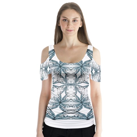 Mandala Blue And White Butterfly Sleeve Cutout Tee  by vanessagf