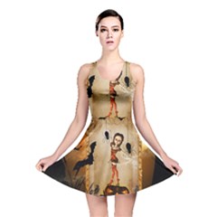 Halloween, Cute Girl With Pumpkin And Spiders Reversible Skater Dress by FantasyWorld7