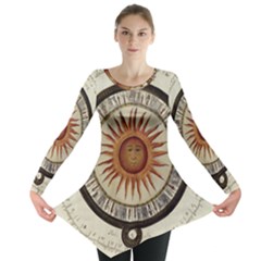 Ancient Aztec Sun Calendar 1790 Vintage Drawing Long Sleeve Tunic  by yoursparklingshop