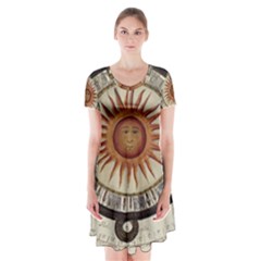 Ancient Aztec Sun Calendar 1790 Vintage Drawing Short Sleeve V-neck Flare Dress by yoursparklingshop