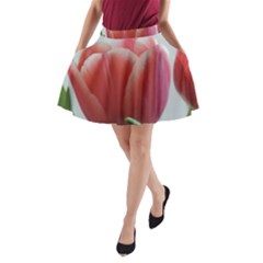 Red - White Tulip Flower A-line Pocket Skirt by picsaspassion