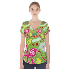 Green Organic Abstract Short Sleeve Front Detail Top by DanaeStudio