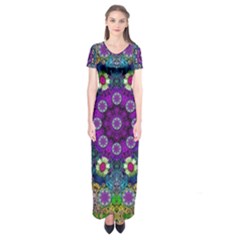 Colors And Flowers In A Mandala Short Sleeve Maxi Dress by pepitasart