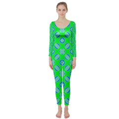 Mod Blue Circles On Bright Green Long Sleeve Catsuit by BrightVibesDesign