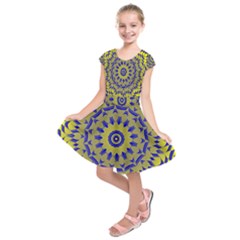 Yellow Blue Gold Mandala Kids  Short Sleeve Dress by designworld65