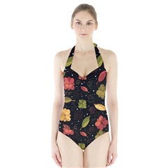 Autumn Flowers  Halter Swimsuit by Valentinaart