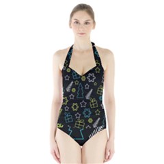 Xmas Pattern - Blue And Yellow Halter Swimsuit by Valentinaart