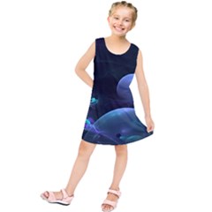 The Music Of My Goddess, Abstract Cyan Mystery Planet Kids  Tunic Dress by DianeClancy