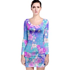 Colorful Pastel  Flowers Long Sleeve Bodycon Dress by Brittlevirginclothing