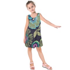 Dark Colored Lila Flowers Kids  Sleeveless Dress by Brittlevirginclothing