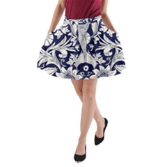 Deep Blue Flower A-line Pocket Skirt by Brittlevirginclothing