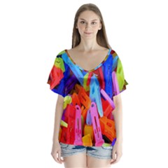 Clothespins Colorful Laundry Jam Pattern Flutter Sleeve Top by Nexatart