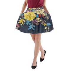 Deep Blue Vintage Flowers A-line Pocket Skirt by Brittlevirginclothing