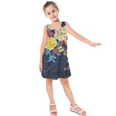 Deep Blue Vintage Flowers Kids  Sleeveless Dress by Brittlevirginclothing