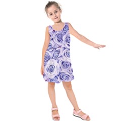 Electric White And Blue Roses Kids  Sleeveless Dress by Brittlevirginclothing