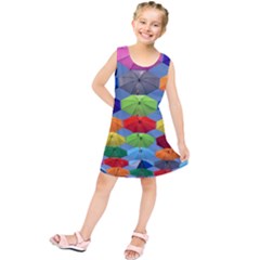 Color Umbrella Blue Sky Red Pink Grey And Green Folding Umbrella Painting Kids  Tunic Dress by Nexatart