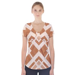 Fabric Textile Tan Beige Geometric Short Sleeve Front Detail Top by Nexatart