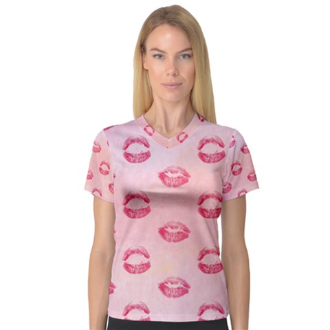 Watercolor Kisses Patterns Women s V-neck Sport Mesh Tee by TastefulDesigns