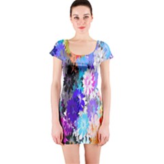 Flowers Colorful Drawing Oil Short Sleeve Bodycon Dress by Simbadda