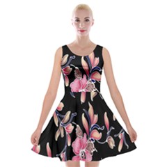 Neon Flowers Black Background Velvet Skater Dress by Simbadda