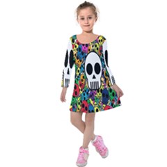 Skull Background Bright Multi Colored Kids  Long Sleeve Velvet Dress by Simbadda