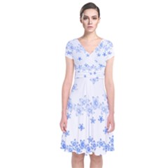 Blue And White Floral Background Short Sleeve Front Wrap Dress by Amaryn4rt