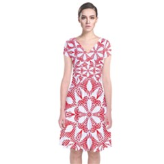 Red Pattern Filigree Snowflake On White Short Sleeve Front Wrap Dress by Amaryn4rt