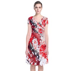 Red Fractal Art Short Sleeve Front Wrap Dress by Amaryn4rt