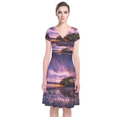 Landscape Reflection Waves Ripples Short Sleeve Front Wrap Dress by Amaryn4rt