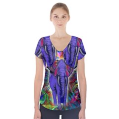 Abstract Elephant With Butterfly Ears Colorful Galaxy Short Sleeve Front Detail Top by EDDArt