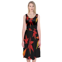 Colorful Autumn Leaves On Black Background Midi Sleeveless Dress by Amaryn4rt