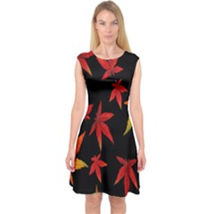 Colorful Autumn Leaves On Black Background Capsleeve Midi Dress by Amaryn4rt